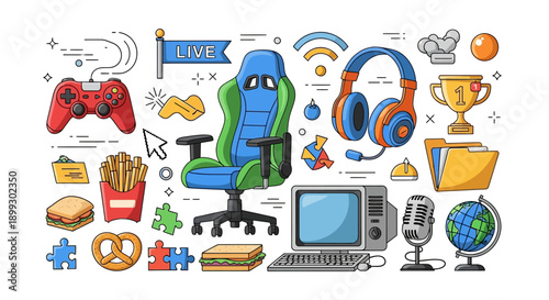 A vibrant collection of gaming and streaming essentials, including a gaming chair, controller, headphones, and snacks.