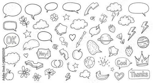 A collection of hand-drawn doodle elements including speech bubbles, clouds, stars, fruits, planets, and decorative shapes.