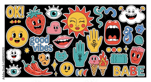 A vibrant collection of retro-style cartoon illustrations featuring various pop culture icons and symbols on a black background.