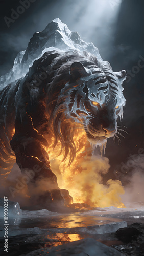 Giant Ice-Fire Tiger Standing on Snowy Peak