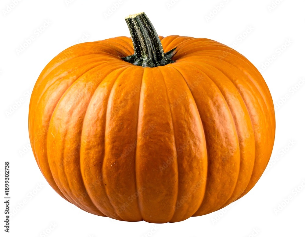 Fototapeta premium A vibrant, perfectly round, orange pumpkin with green stem, isolated against a white background. Ideal for autumn visuals