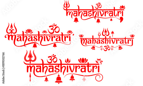 Red Maha Shivaratri calligraphy and typography set featuring Om symbols, tridents, and bells, ideal for Hindu festival greetings, social media posts, and religious event invitations.