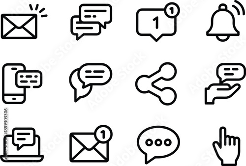 Communication and notification line icons set for mobile app interface software social network