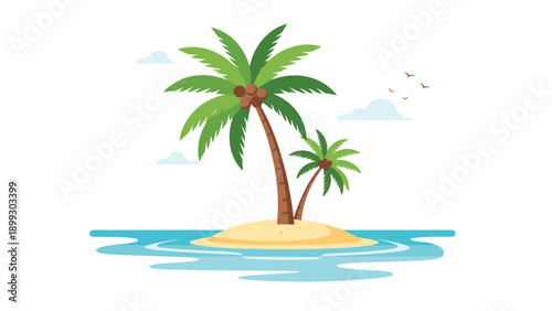 Serene tropical island with palm trees and seagulls in flat design style perfect for travel and vacation advertisements.