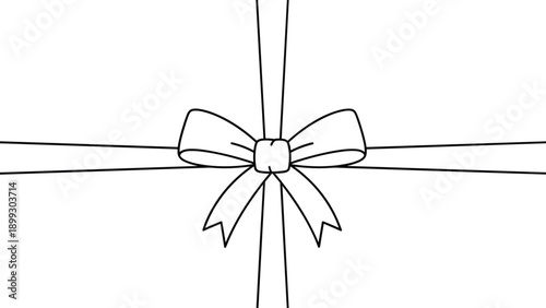 Elegant black and white line art of a gift ribbon and bow tied across a package for present and celebration themes.
