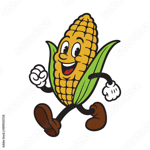 Happy corn walking illustration in retro 60s cartoon style