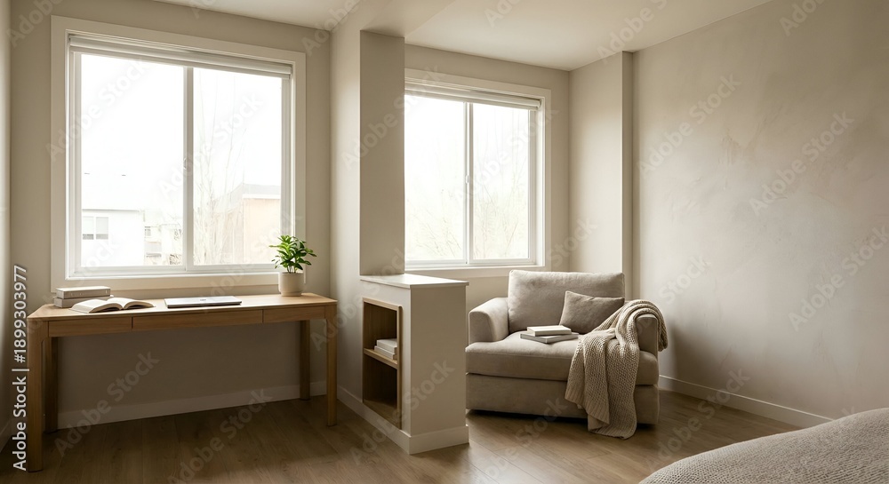 Fototapeta premium Modern interior with natural light and neutral color scheme