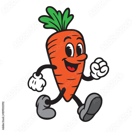 Happy carrot illustration in retro 60s cartoon style