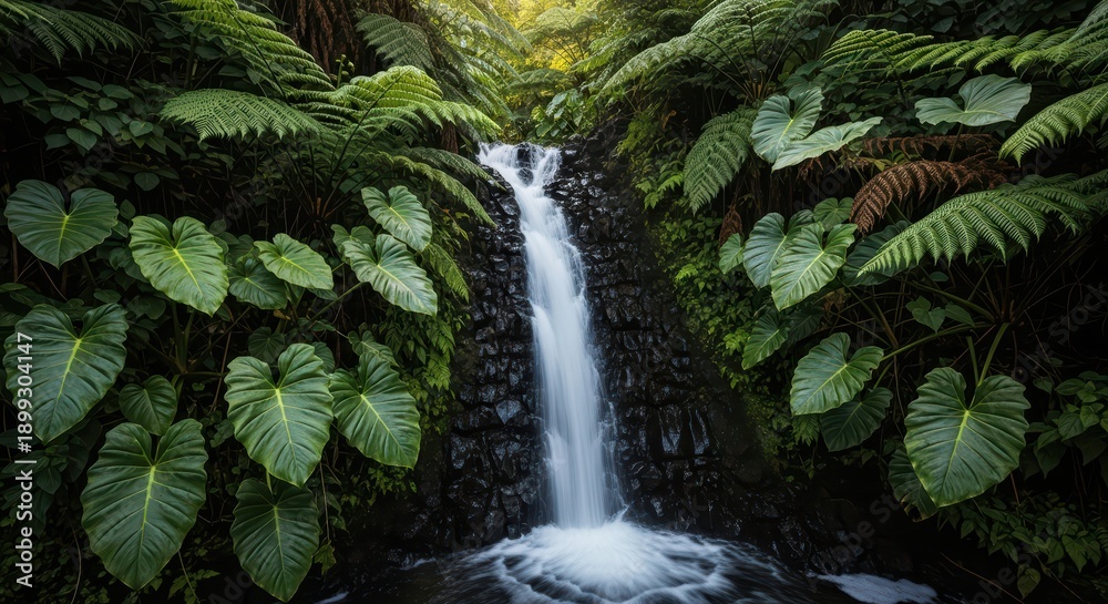 Fototapeta premium Tranquil forest waterfall surrounded by lush greenery and ferns in sunlit tropical jungle