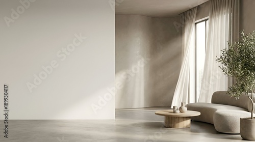 Modern living room interior design with neutral tones and copy space