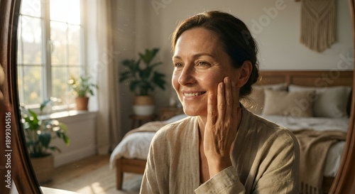 Woman admiring herself in mirror indoors with natural light