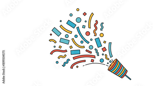 Cheerful party popper bursting with a dense and colorful array of rectangular confetti, curly streamers, and dots to celebrate any occasion.