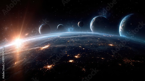 Distant planets and sunrise over earth