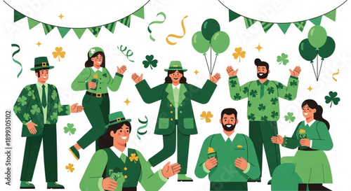 Group of people in green celebrating st patrick's day with balloons and shamrocks