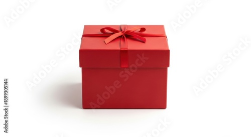 Front View Red Gift Box with Ribbon on White Surface