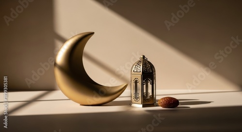 Golden Crescent Moon and Lantern Decor on Dark Background