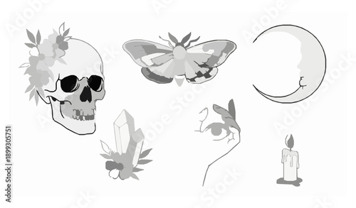 Modern mystical tattoo line art vector set with skull moth eye and crystal in black and white
