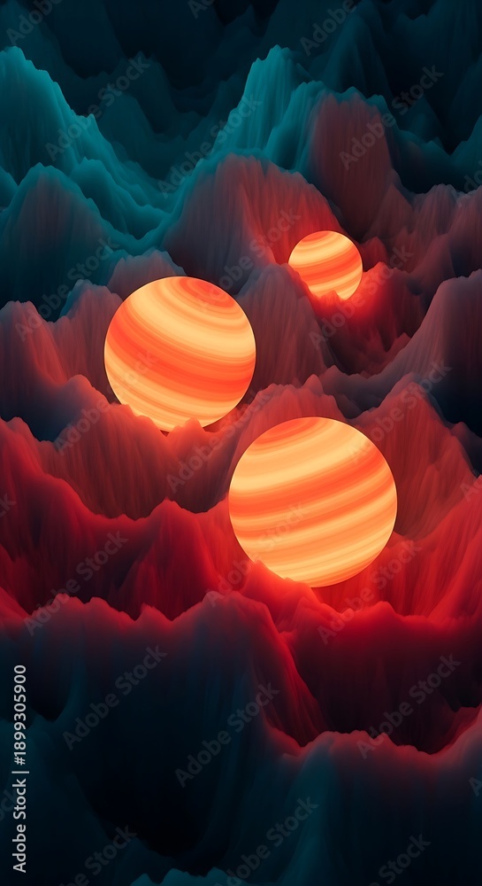 Fototapeta premium Abstract Sci-Fi Landscape with Glowing Orange Planets over Dark Red Jagged Mountain Peaks