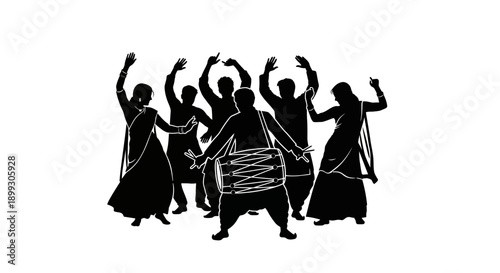 Group of people dancing and celebrating with a drum, black and white silhouette illustration.