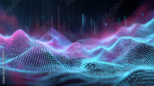 Abstract digital landscape with glowing waves and vibrant colors representing data visualization and technology concepts in a futuristic scenery