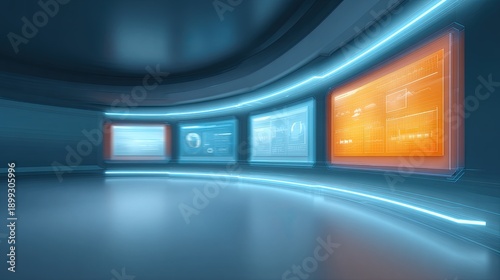 Futuristic digital interface with glowing screens displaying data metrics in a modern virtual space, showcasing technology and innovation concepts