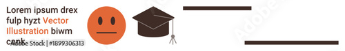 Academic learning, emotions, education, student achievement, online courses, professionalism. Neutral face icon with a graduation cap and text. Academic learning and emotions concept