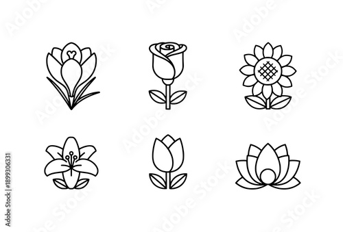 Minimal Cute Blooming Flower Icons Set Crocus Rose Sunflower Lily Tulip Lotus Vector Isolated on White