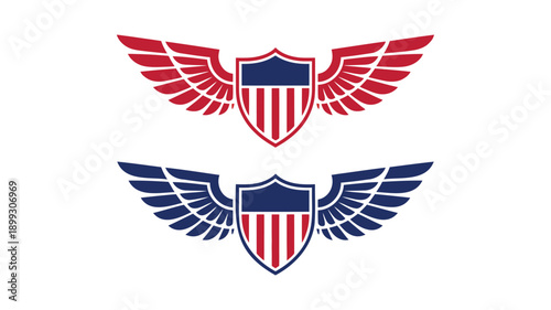 Red and blue winged shield emblems with stripes wings