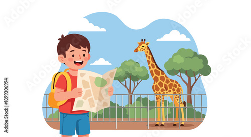 trees, showing educational zoo visit, wildlife learning, and family travel in flat vector style