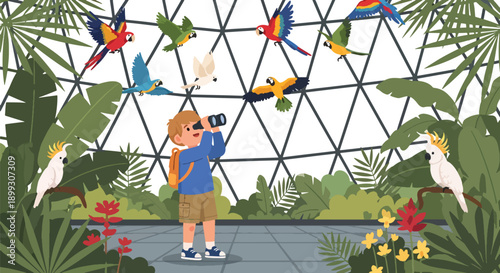 Child using binoculars to watch colorful birds in aviary dome with tropical plants, showing nature exploration, curiosity, and environmental education in modern flat vector style