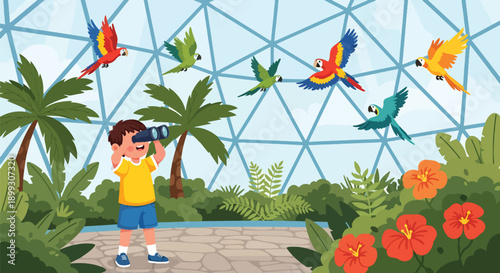Child using binoculars to watch colorful birds in aviary dome with tropical plants, showing nature exploration, curiosity, and environmental education in modern flat vector style