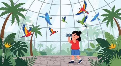 Child using binoculars to watch colorful birds in aviary dome with tropical plants, showing nature exploration, curiosity, and environmental education in modern flat vector style