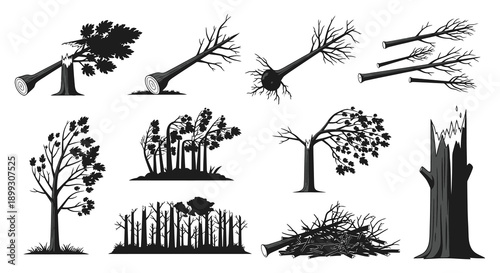 A collection of black trees stumps and branches in varying stages of decay on transparent background silhouette high quality professional detailed