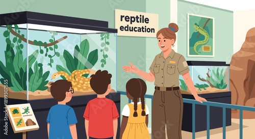 School group listening to zookeeper explaining reptiles near terrarium and posters, showing environmental education, wildlife conservation learning, and zoo field trip in flat vector style