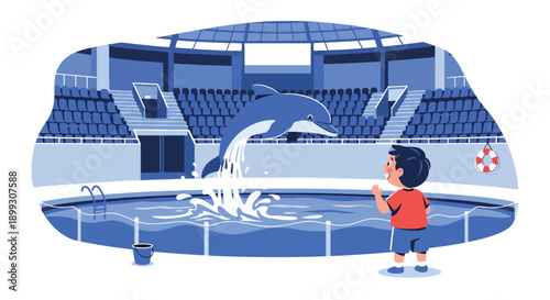 Child watching dolphins jump in aquatic show pool with stadium seating and water splash, showing marine wildlife education, family entertainment, and zoo attraction in flat vector illustration