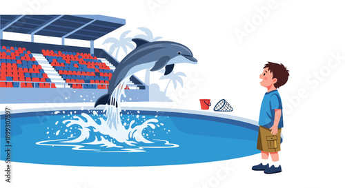 Child watching dolphins jump in aquatic show pool with stadium seating and water splash, showing marine wildlife education, family entertainment, and zoo attraction in flat vector illustration