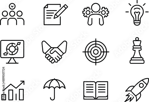 Strategic planning and business development icons featuring handshake target rocket and chess king