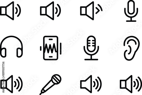 Sound control set with volume adjustment and recording tools including microphone and ear icons
