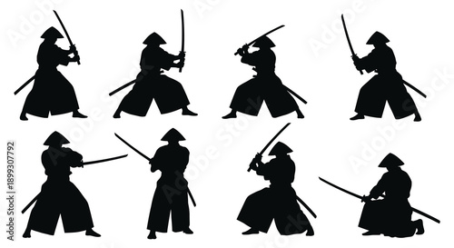 A collection of eight black silhouettes depicting samurai warriors in various fighting poses on transparent background high quality professional detailed modern