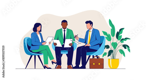 Three diverse business professionals having a meeting and discussing documents in an office setting.