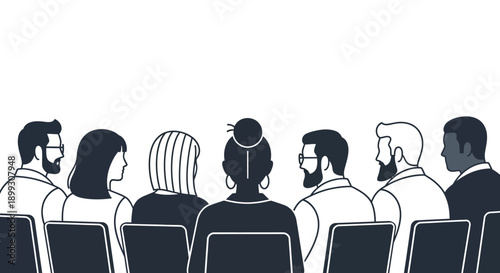 Diverse group of people seen from behind, sitting in a row, attending a meeting or conference, line art illustration.