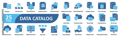 Data Catalog icon set In Blue Style, Vector Illustration. Contain icons related to database, table, column, row, record, entry, asset, source, lineage, governance 