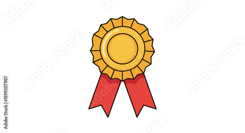 A simple cartoon illustration of a golden award rosette with two red ribbons hanging below, symbolizing achievement and success.