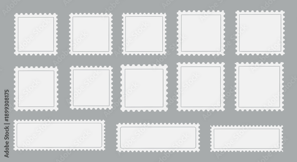 Fototapeta premium Collection of blank white postage stamps with perforated edges on a grey background.
