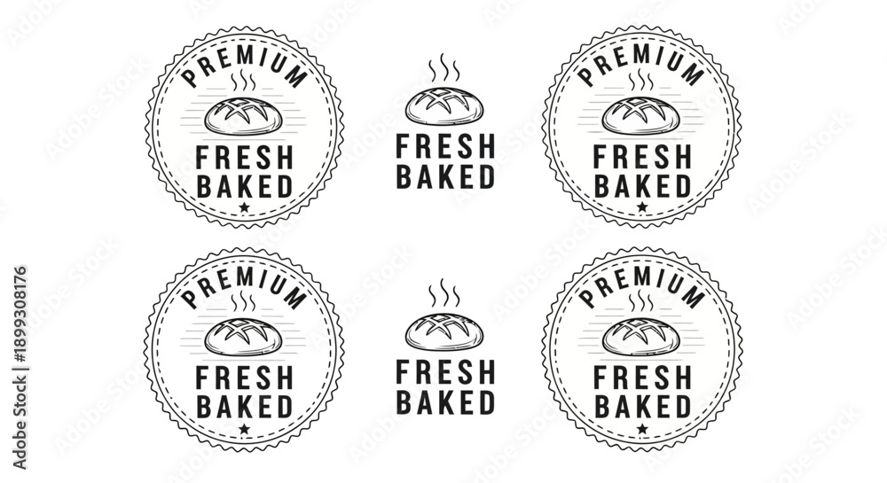 Obraz premium Collection of black and white premium fresh baked bread labels and badges, featuring hand-drawn loaves with steam, perfect for bakeries and food packaging.