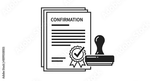Black and white icon of official confirmation documents with a seal of approval and a rubber stamp, symbolizing agreement or validation.