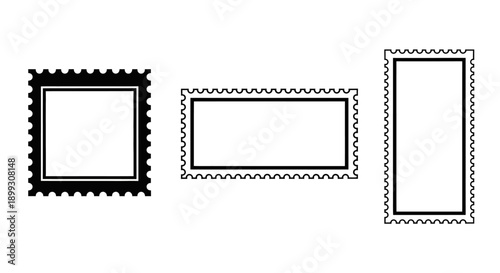 Three blank postage stamp frames with serrated edges in different shapes, isolated on a white background.