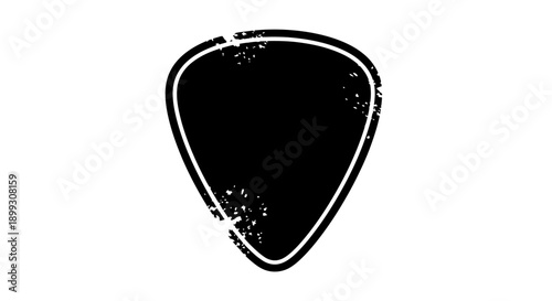 Distressed black guitar pick with a grunge textured outline, isolated on a clean white background, symbolizing music and rock.