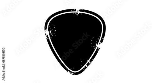 Black guitar pick with a distressed white outline on a plain white background, a classic musical instrument accessory.