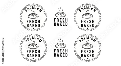 Collection of black and white premium fresh baked bread labels and badges, featuring hand-drawn loaves with steam, perfect for bakeries and food packaging.